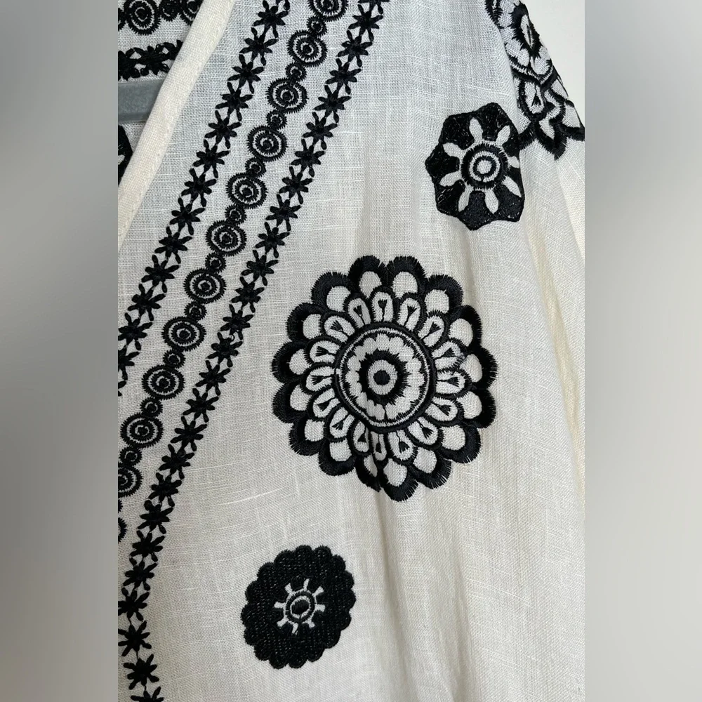 Echo Cream Linen Blend Amalfi Caftan W/Black Embroidery, Sz XL, NWT - Picture 3 of 8